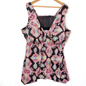 Catherines Ruffle V Neck Tankini Built In Bra Top Swim Womens 32W Black Multi